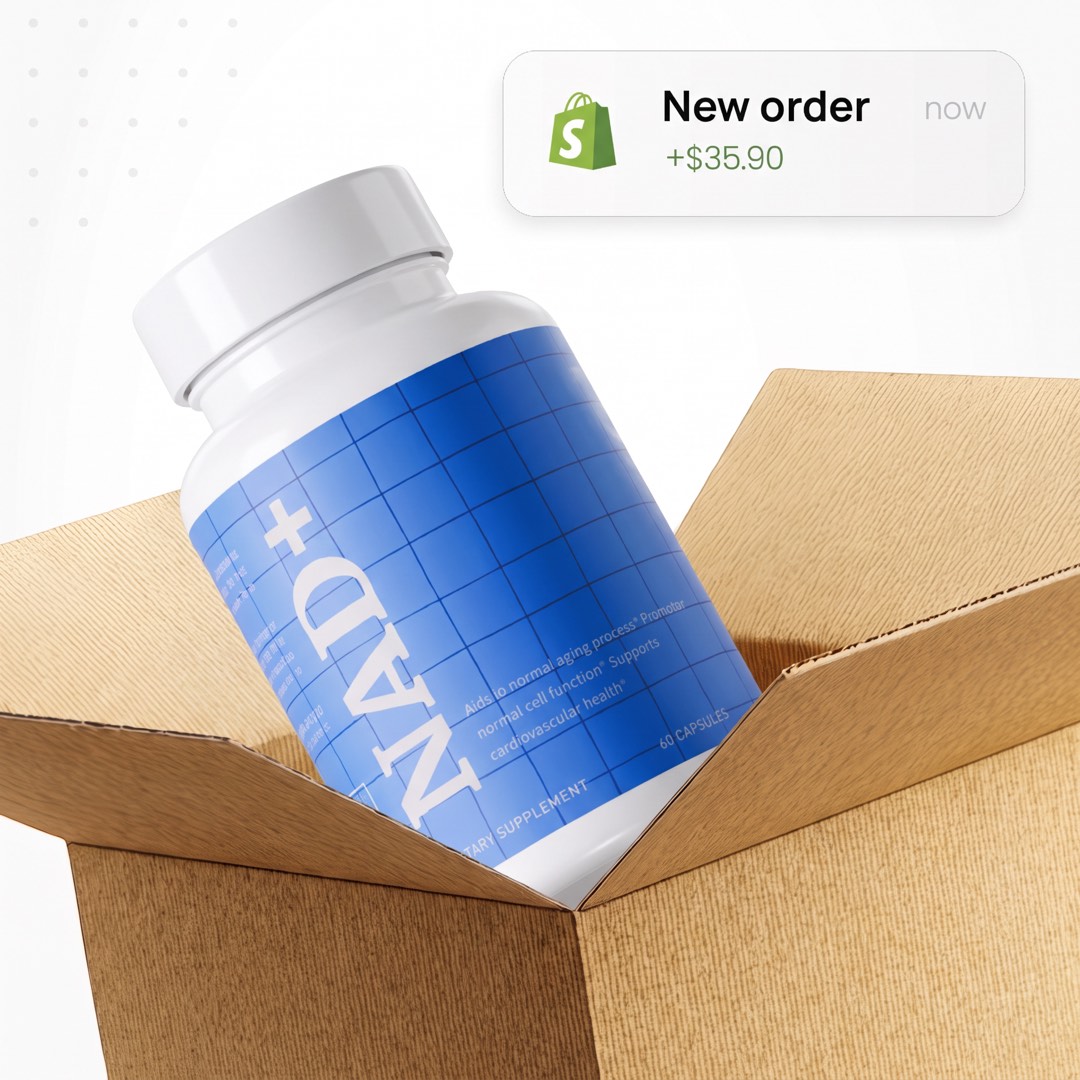 A branded product packed in a shipping box, ready to send