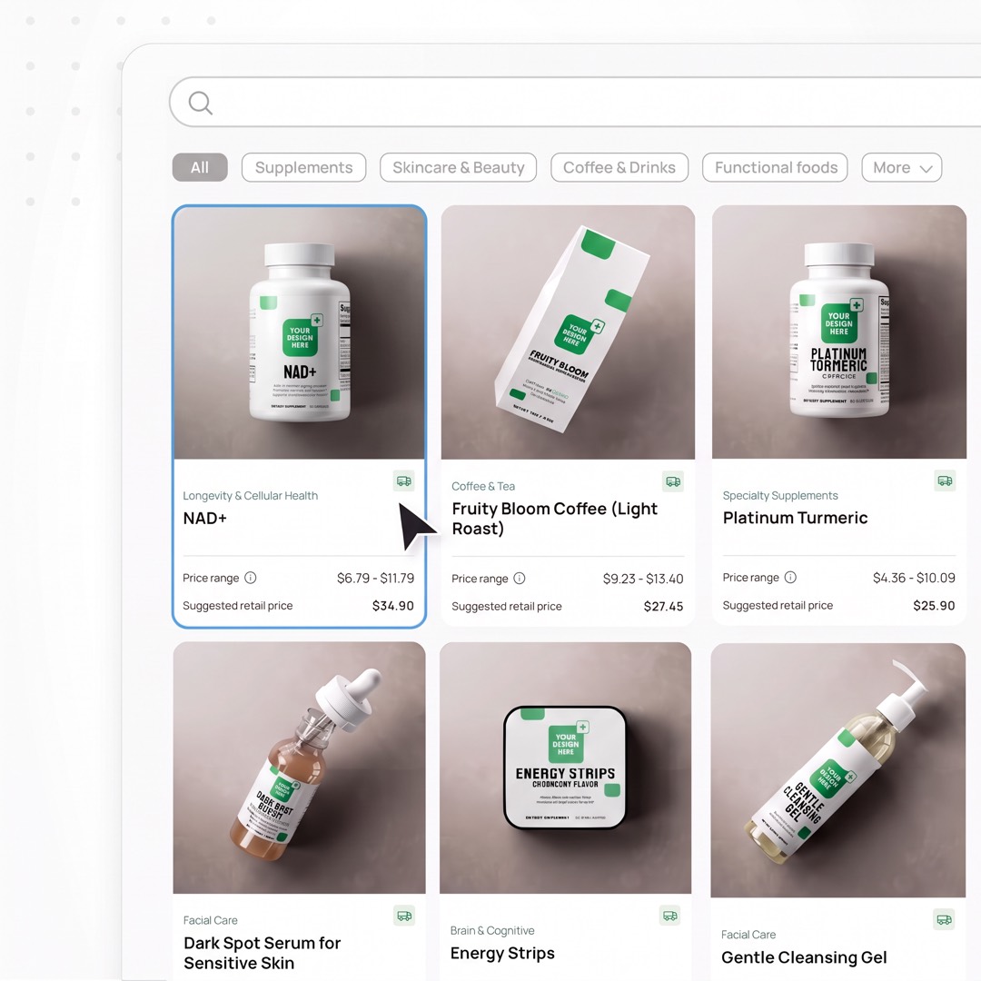 Browsing the Supliful product catalog